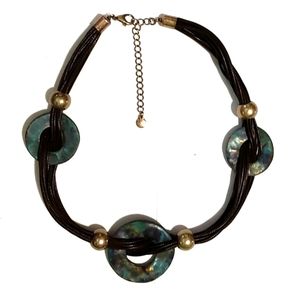 VINTAGE BROWN MULTISTRAND BRONZE BLUE GREEN MARBLE DISCS BEADED 17-20" NECKLACE - Picture 3 of 8